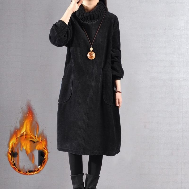 Pocket Turtleneck Corduroy Fleece-lined Thick Corduroy Dress