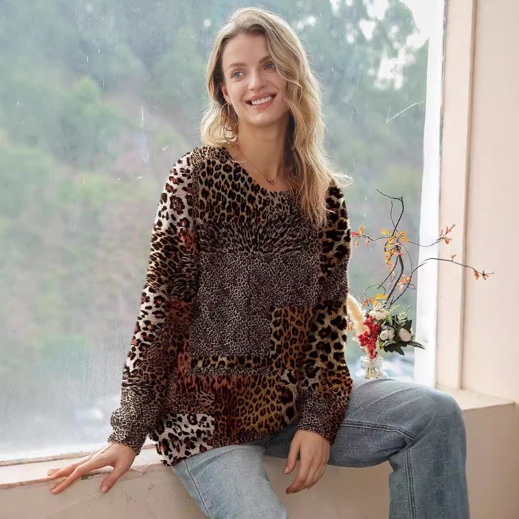Animal Pattern Long Sleeve Pullover Round-neck Shirt