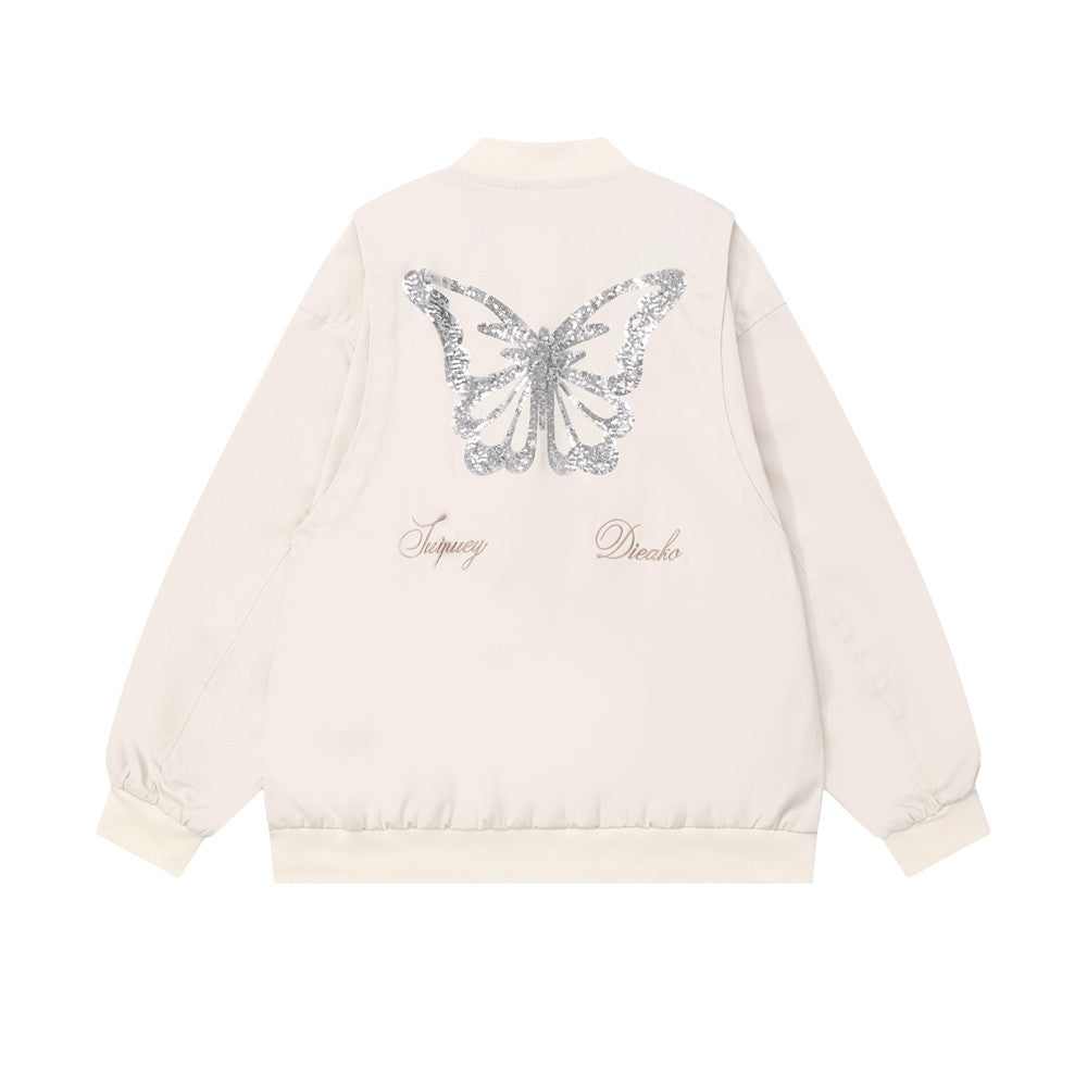 Design Sequined Embroidered Butterfly Baggy Coat Baseball Uniform