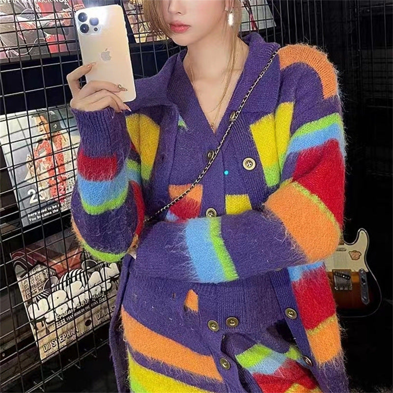 Fashion Slimming Candy Color Coat Retro Lazy Style Rainbow Striped Cardigan Sweater