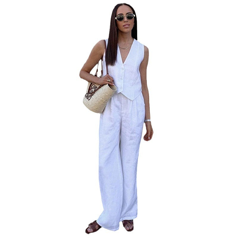 European And American Women's Cotton And Linen Sleeveless Vest Waistcoat Trousers Two-piece Set