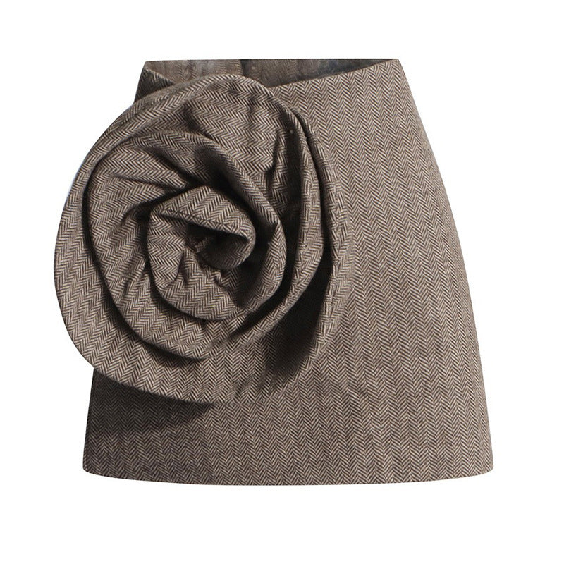 Elegant Style High Waist A- Line Skirt Fashionable Three-dimensional Flower Stitching Design Short Skirt