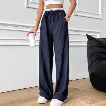 Casual Vertical Stripes Color Matching High Waist Trousers