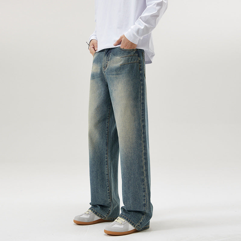 Washed Blue Pleated Jeans Men's Loose