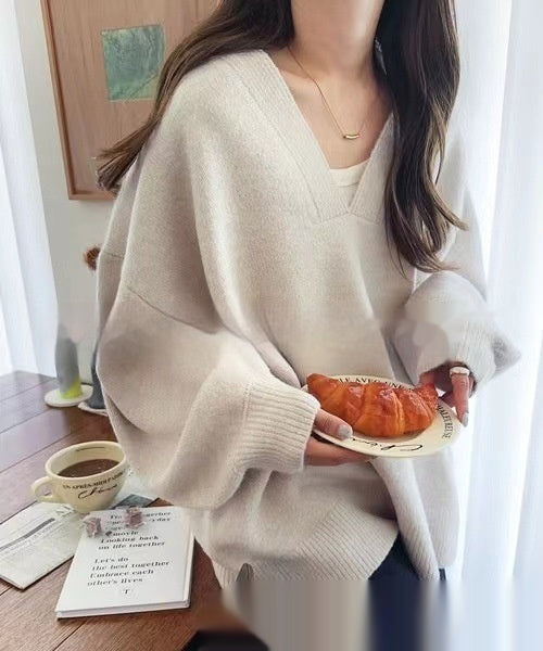 V-neck Versatile Long-sleeved Knitted Sweater