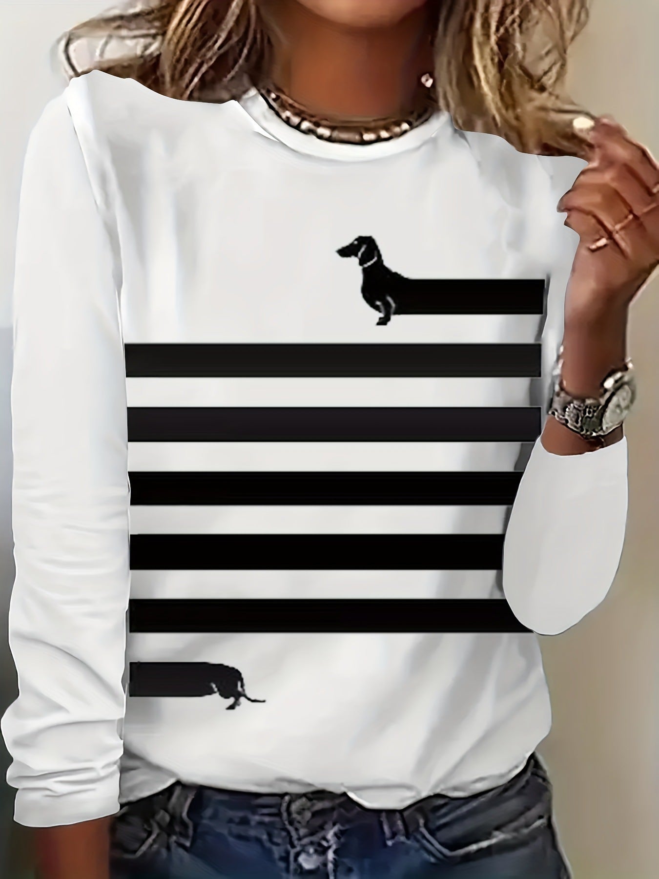 Dog And Striped Printed Round Neck T-shirt Spring And Autumn Casual Long Sleeve Top Women's Clothing