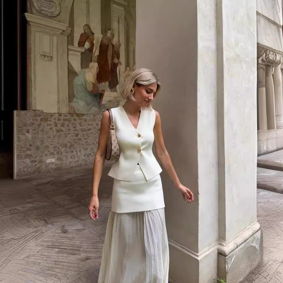 Women's Knitted Vest Splicing Long Skirt Set