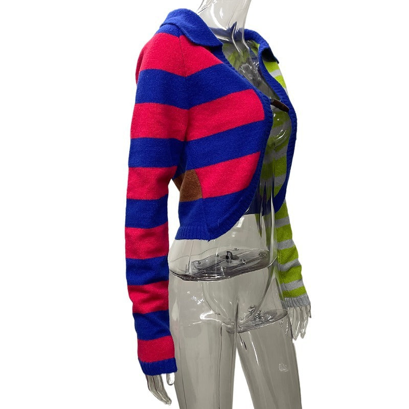 Lapel Knitwear Women's Contrast Color Striped Short Style