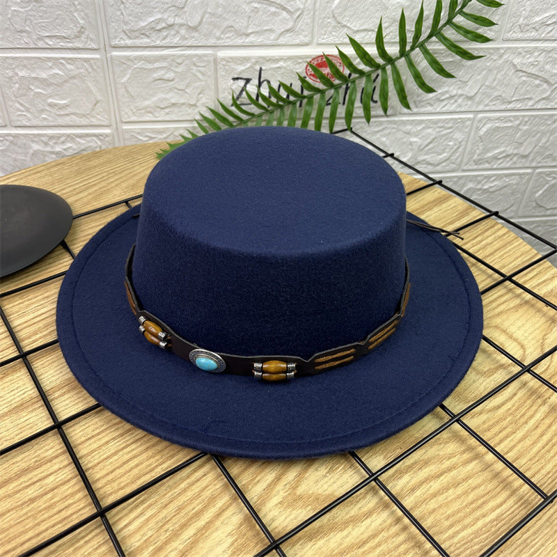 British Retro Woolen Wide Brim Flat Top Hat