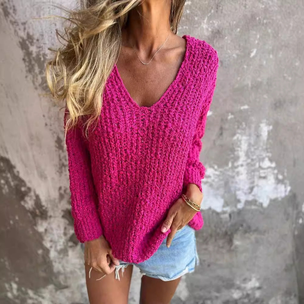 Autumn And Winter New Coarse Flower Knitted V-neck Laid-back Long Sleeve Sweater