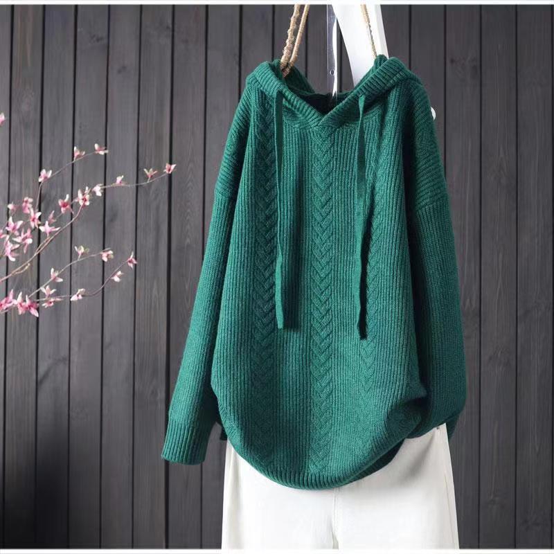 Solid Color Hooded Lacing Mid-length Knitwear Sweater