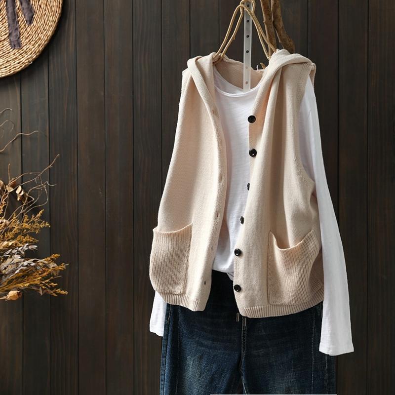 Hooded Knitted Vest Female Artistic Relaxed-fit Casual