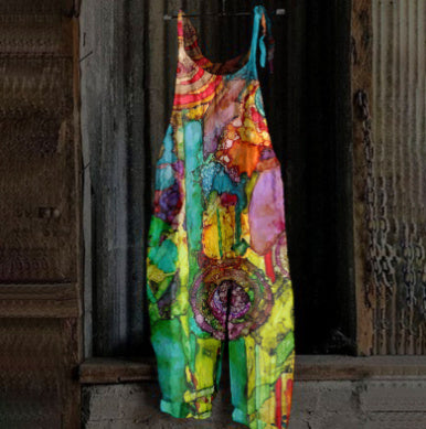Women's Printed Street Hipster Fashion Multi-color Cotton And Linen Suspender Jumpsuit
