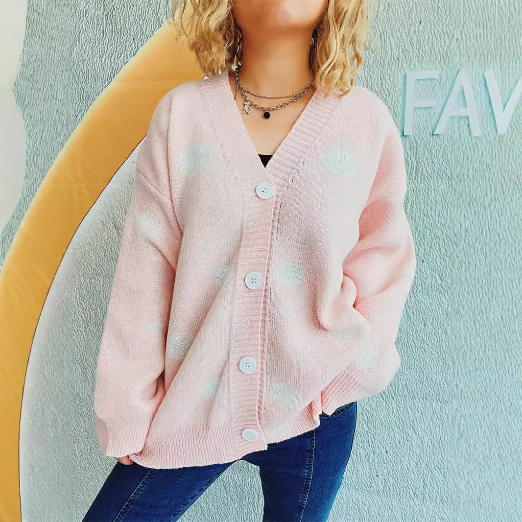 Big Dot Jacquard Knitted Cardigan V-neck Coat Women