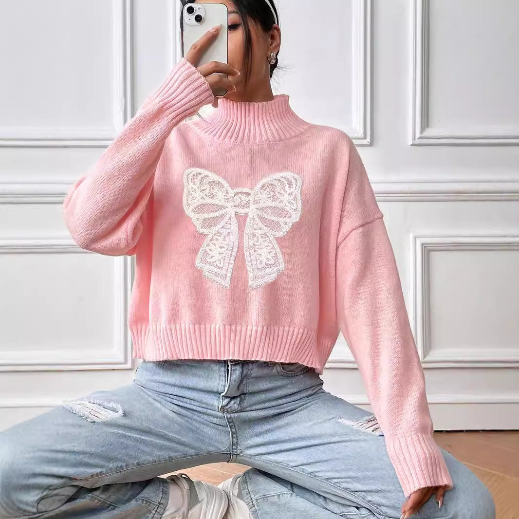 Women's Short Top Turtleneck Pullover Bow