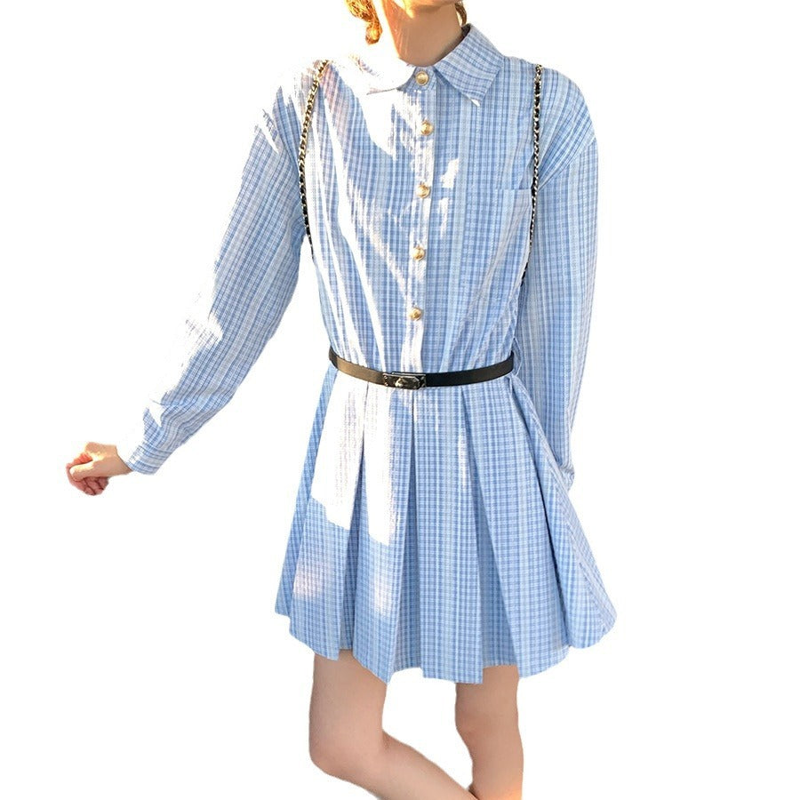 Fashionable Lace Blue Elegant Plaid Long-sleeved Shirt Dress