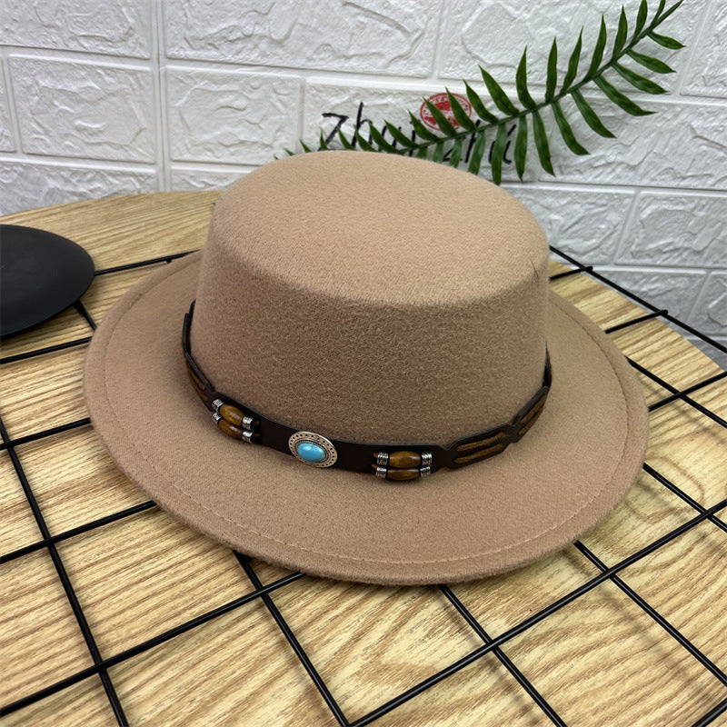 British Retro Woolen Wide Brim Flat Top Hat