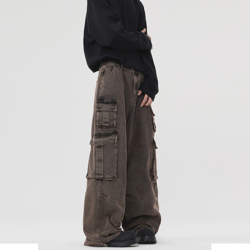 Multi-pocket Cargo Pants Men's And Women's Pu Handsome Loose Denim
