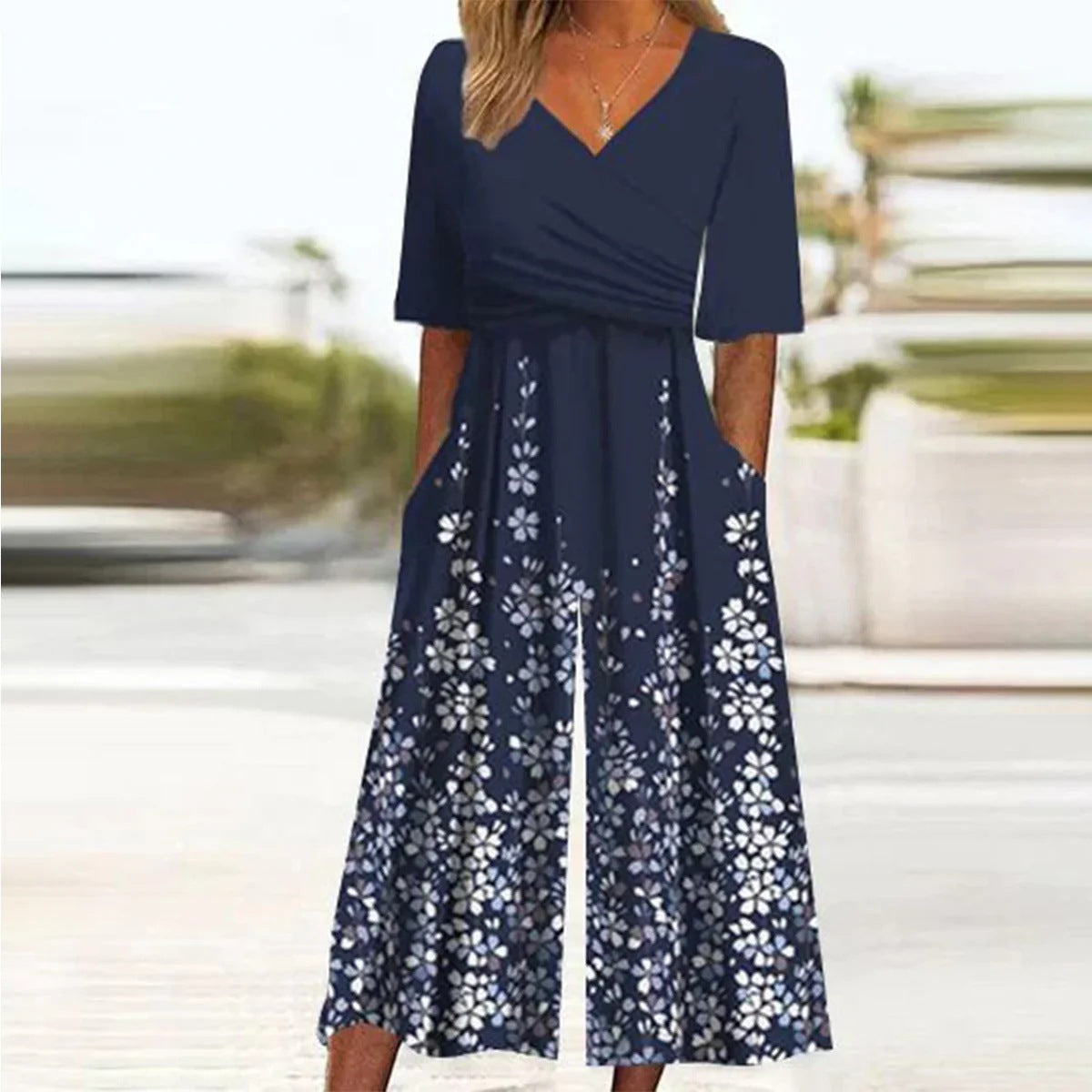 V-neck Printed Trousers One-piece Straight Wide-leg Pants
