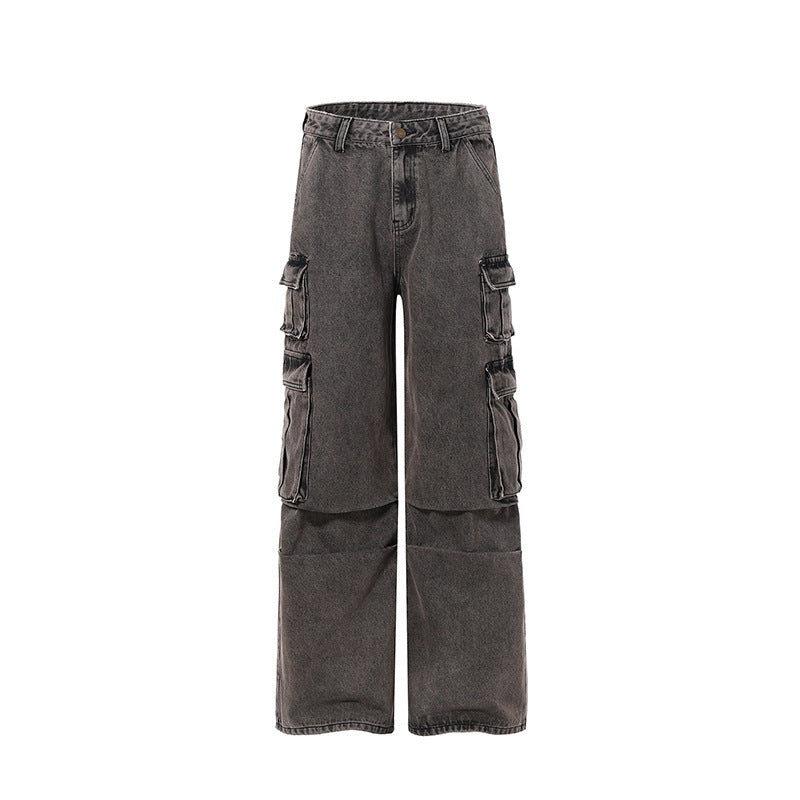 Multi-pocket Cargo Pants Men's And Women's Pu Handsome Loose Denim