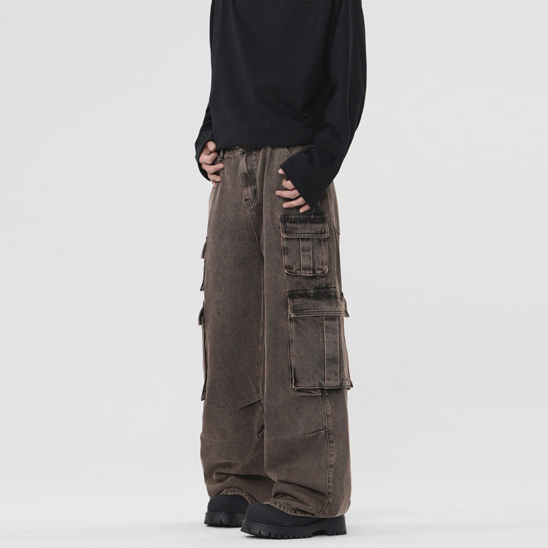 Multi-pocket Cargo Pants Men's And Women's Pu Handsome Loose Denim