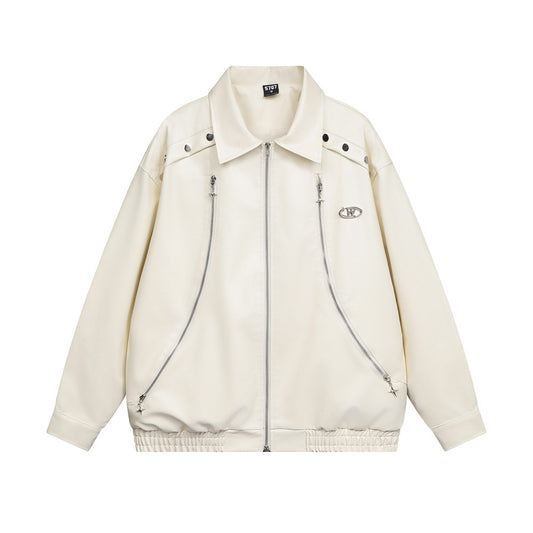 Men's Design Stitching Two-way Zipper Loose Cool PU Leather Jacket
