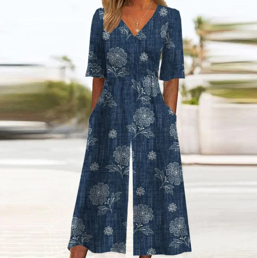 V-neck Printed Trousers One-piece Straight Wide-leg Pants