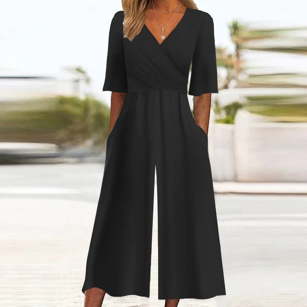 V-neck Printed Trousers One-piece Straight Wide-leg Pants