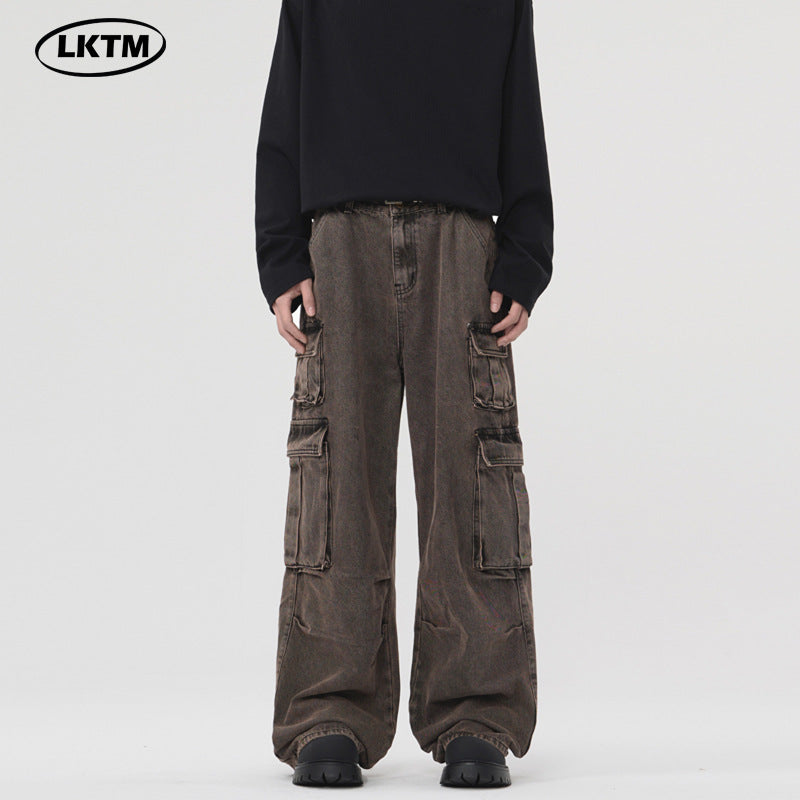 Multi-pocket Cargo Pants Men's And Women's Pu Handsome Loose Denim