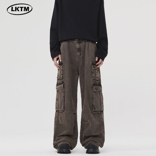 Multi-pocket Cargo Pants Men's And Women's Pu Handsome Loose Denim