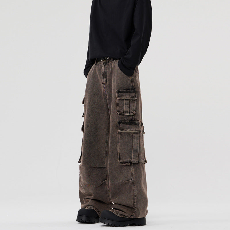 Multi-pocket Cargo Pants Men's And Women's Pu Handsome Loose Denim
