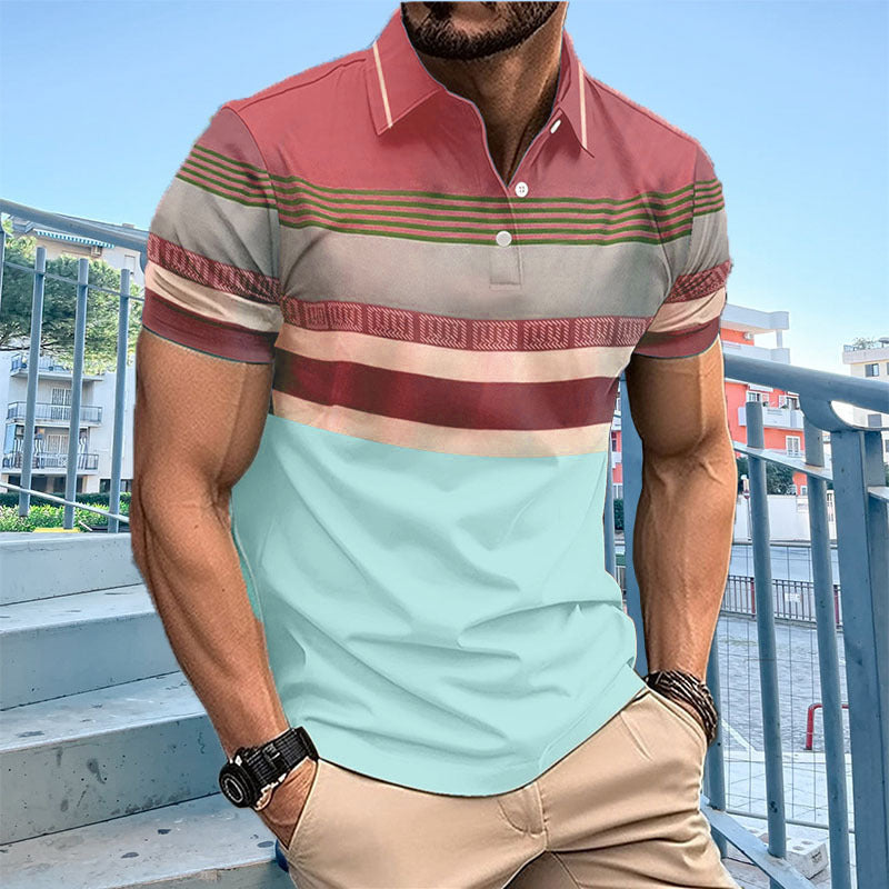 Printed Striped Button Polo Collar Top