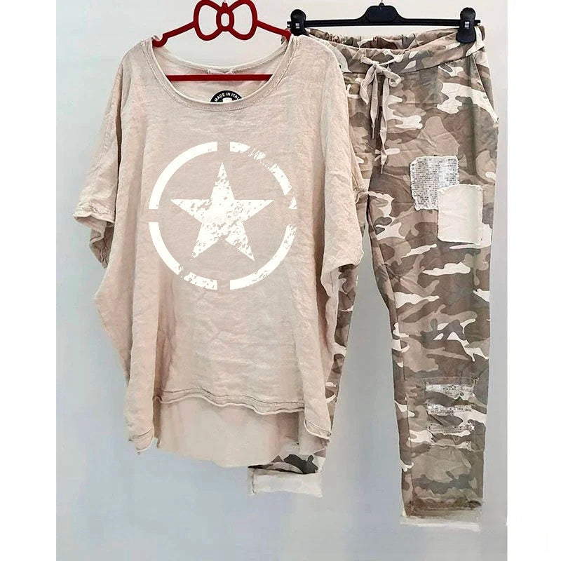 Casual Suit Women's Cotton And Linen Heat Transfer Patch Top Camouflage Printing Sweatpants