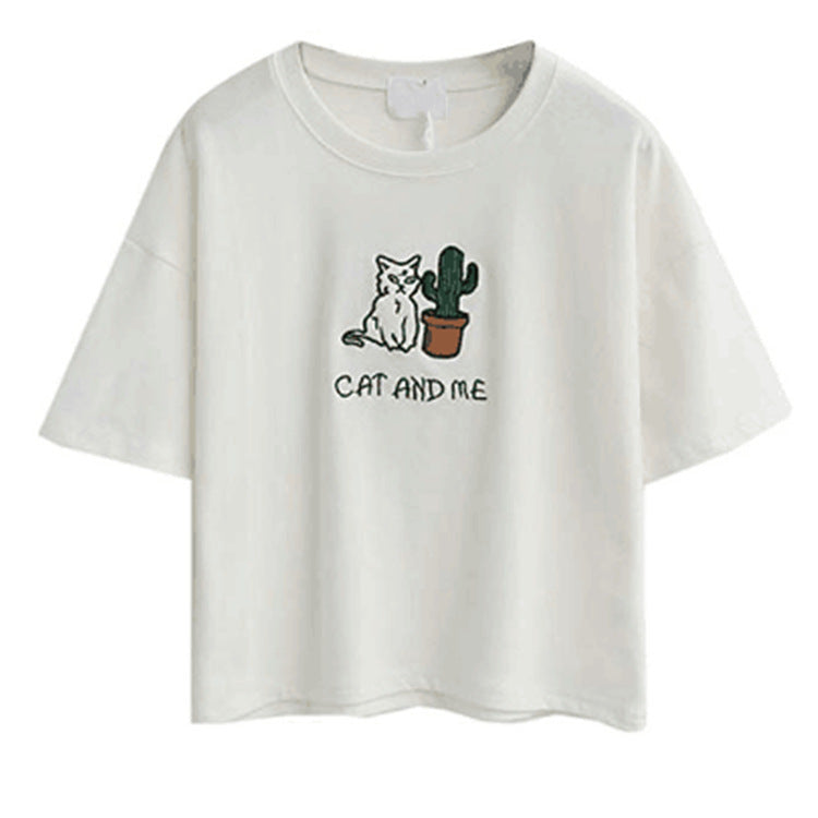 European And American Simple And Short Embroidered Short Sleeve Exposed Navel