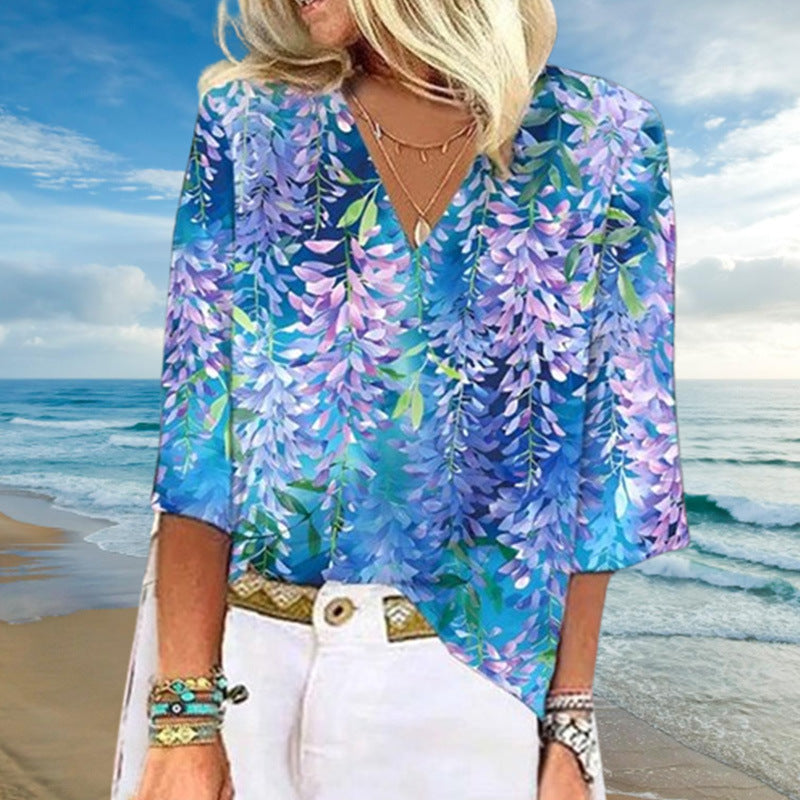 Women's Fresh Casual Floral Printed V-neck Top