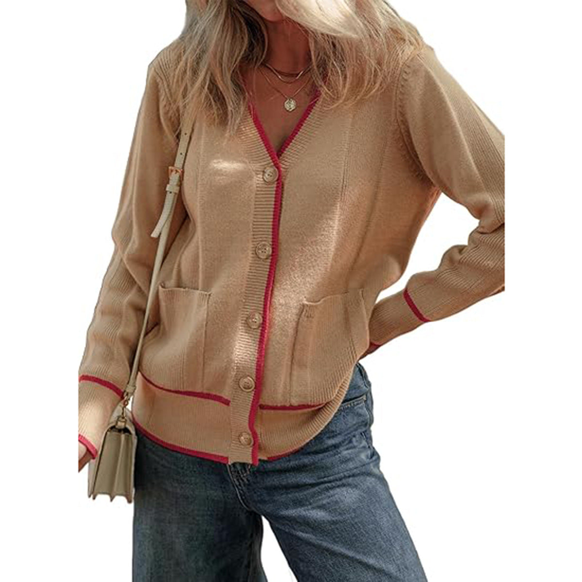 Women's Knitted Button Coat Color Matching Sweater
