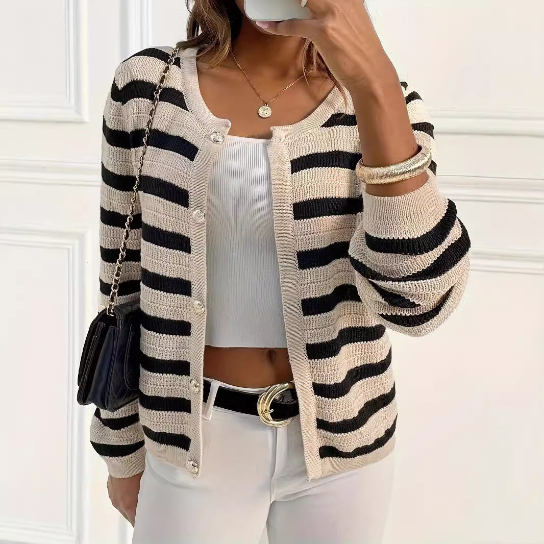Lazy And Versatile Sweater Striped Knitted Button Round Neck Cardigan Casual Outerwear