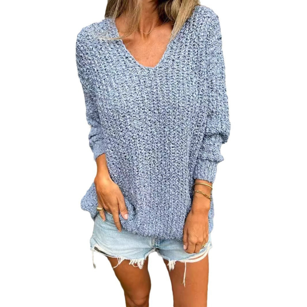 Autumn And Winter New Coarse Flower Knitted V-neck Laid-back Long Sleeve Sweater