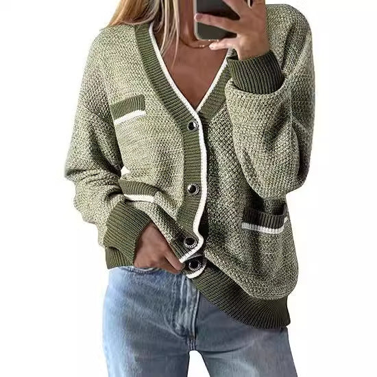 Women's V-neck Pocket Long-sleeved Knitted Cardigan Color Matching