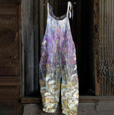 Women's Printed Street Hipster Fashion Multi-color Cotton And Linen Suspender Jumpsuit