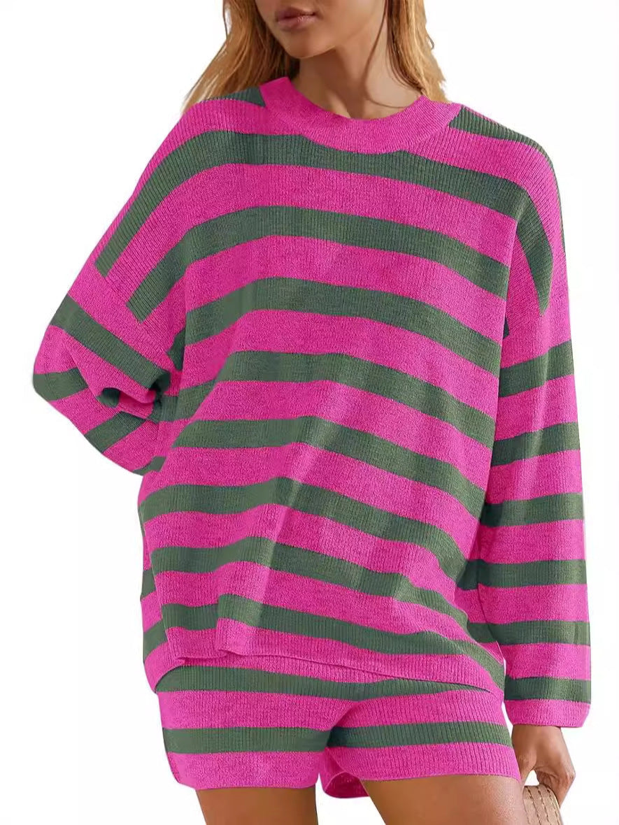 Women's Knitted Color Matching Suit Striped Long Sleeve
