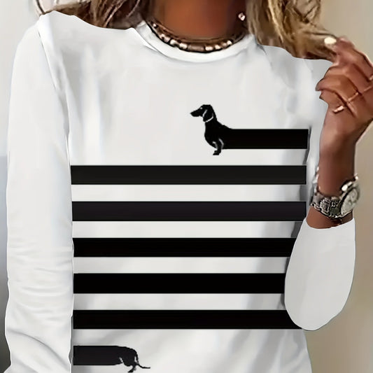 Dog And Striped Printed Round Neck T-shirt Spring And Autumn Casual Long Sleeve Top Women's Clothing