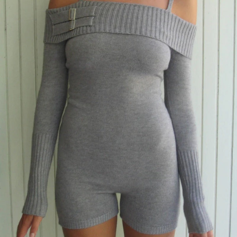 Women's Off-shoulder Off-the-shoulder Shoulder Strap Knitted Jumpsuit