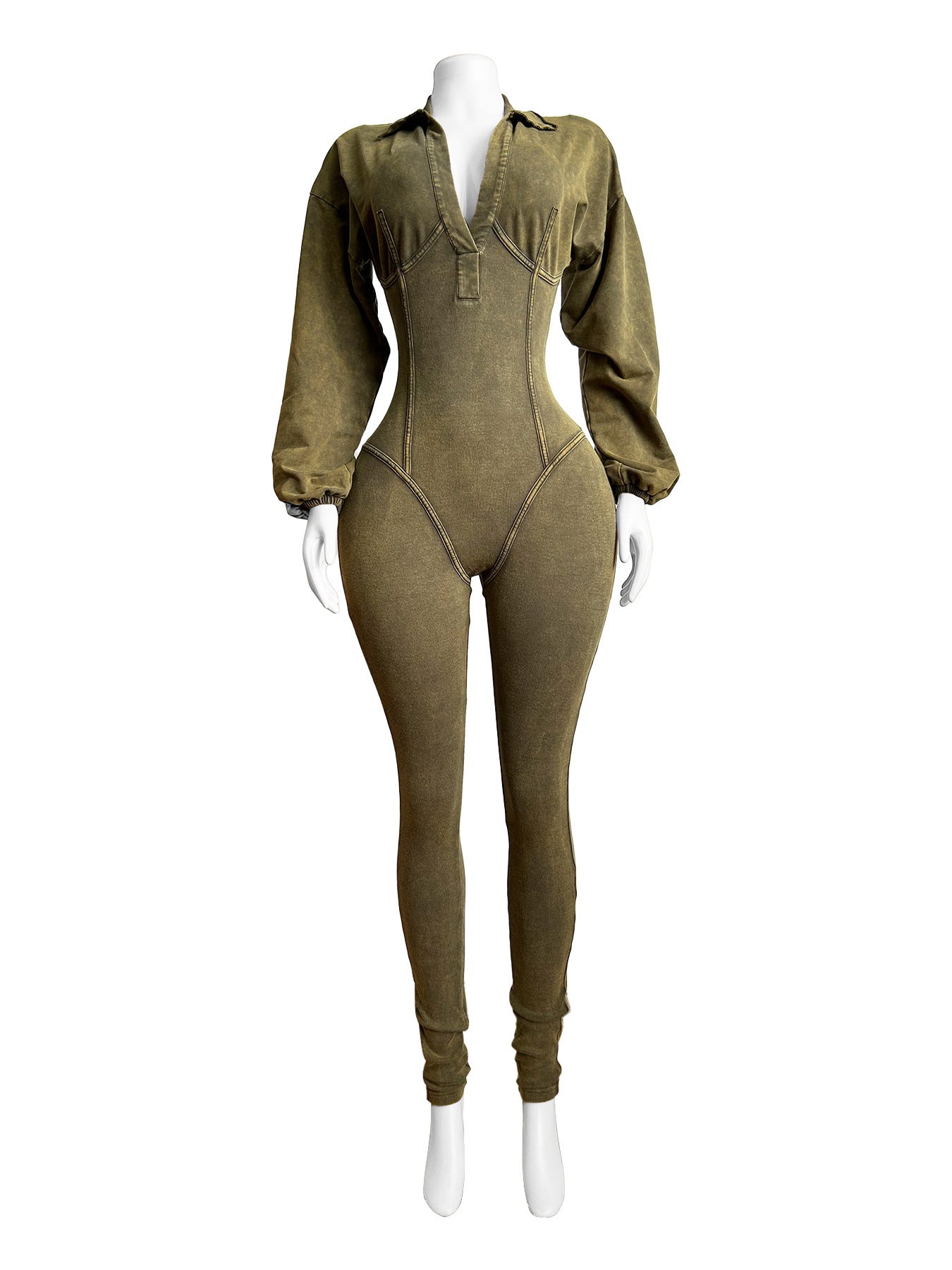 Fashion Women's Wear Washed Old Deep V Neck Tight Long Sleeve Jumpsuit