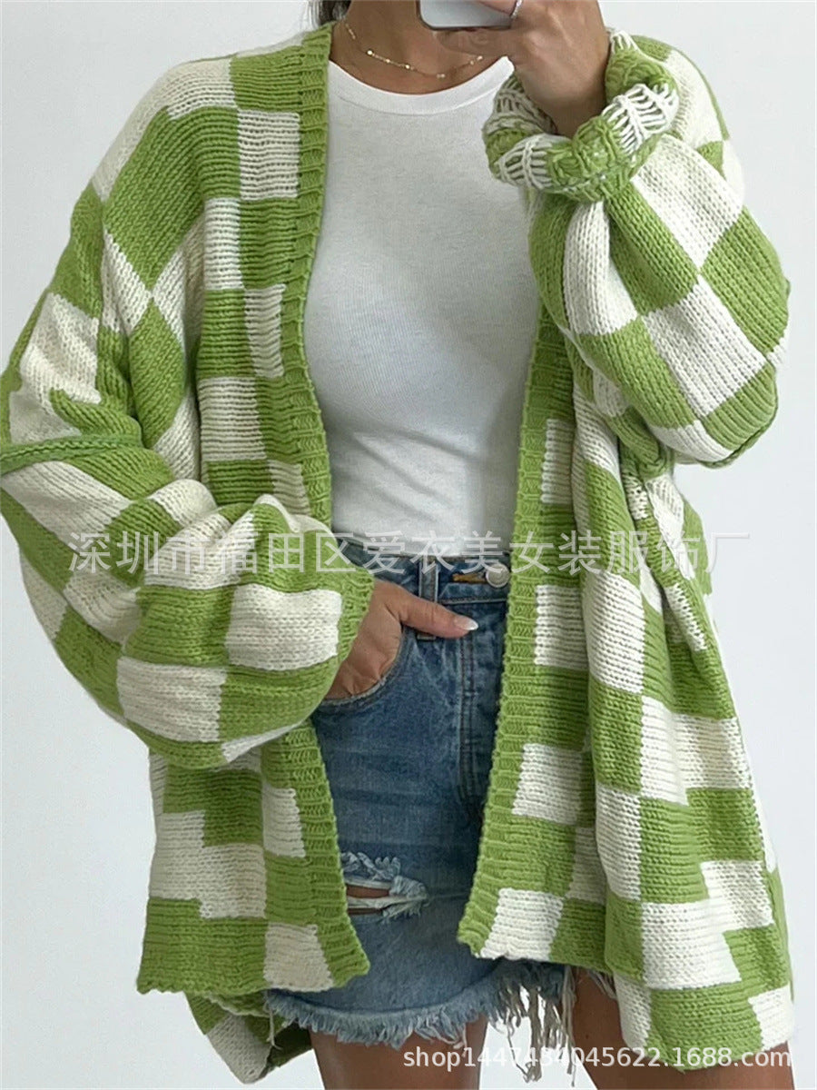 Fashion Plaid Women's Coat Sweater Stitching