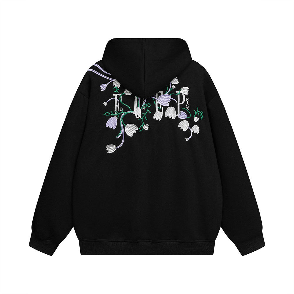 Vine Flower Embroidery Hooded Loose Sweater