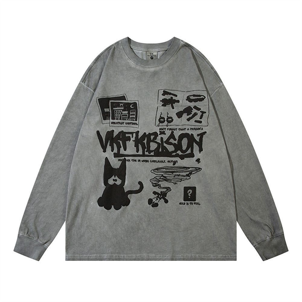 Waste Soil Street Fashion Abstract Printing Distressed Washed Long-sleeved T-shirt For Men