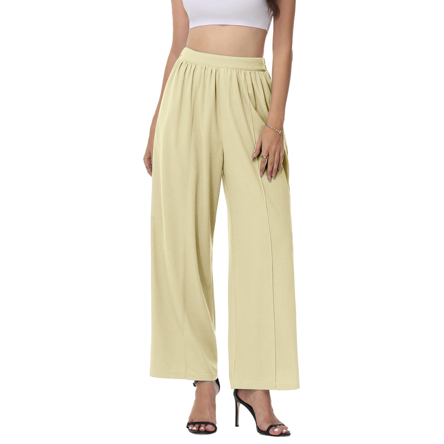 Women's Wide Leg Pants Waffle Knitted High Waist