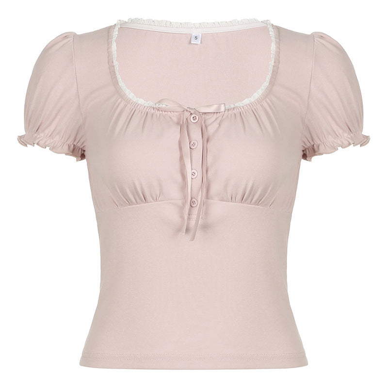 French Pure Desire Romantic Style Pleated Lace-collared Blouse