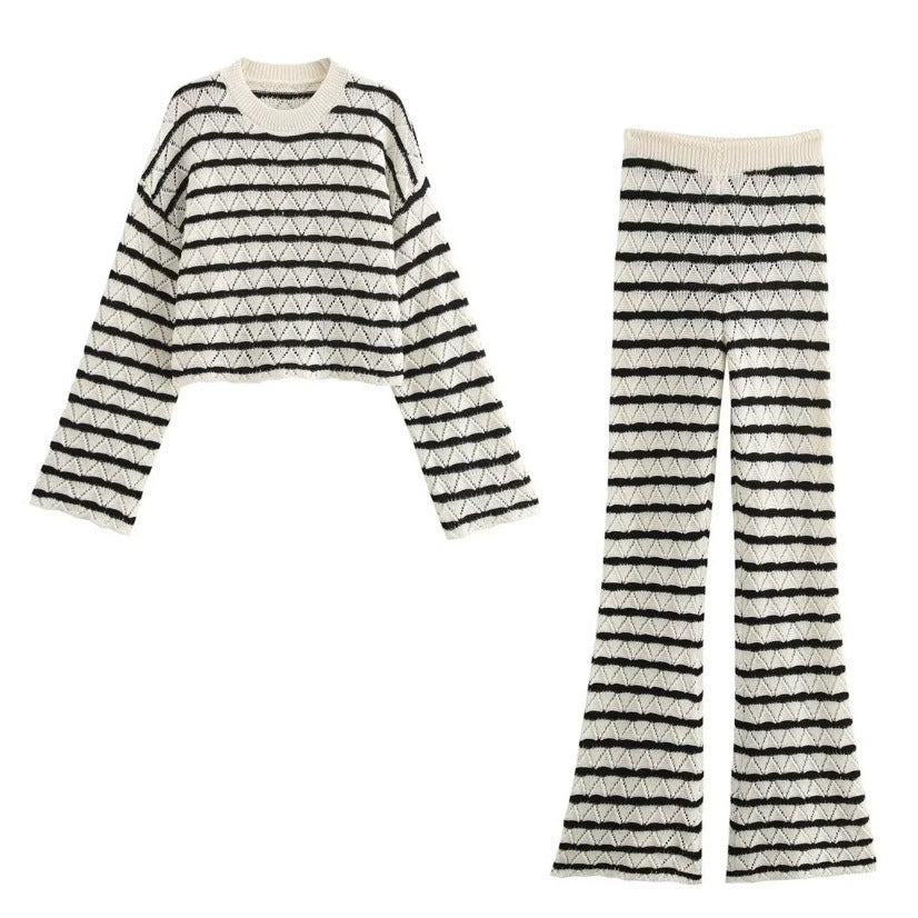 Women's Striped Knitted L Long Sleeve Bell-bottom Pants Suit